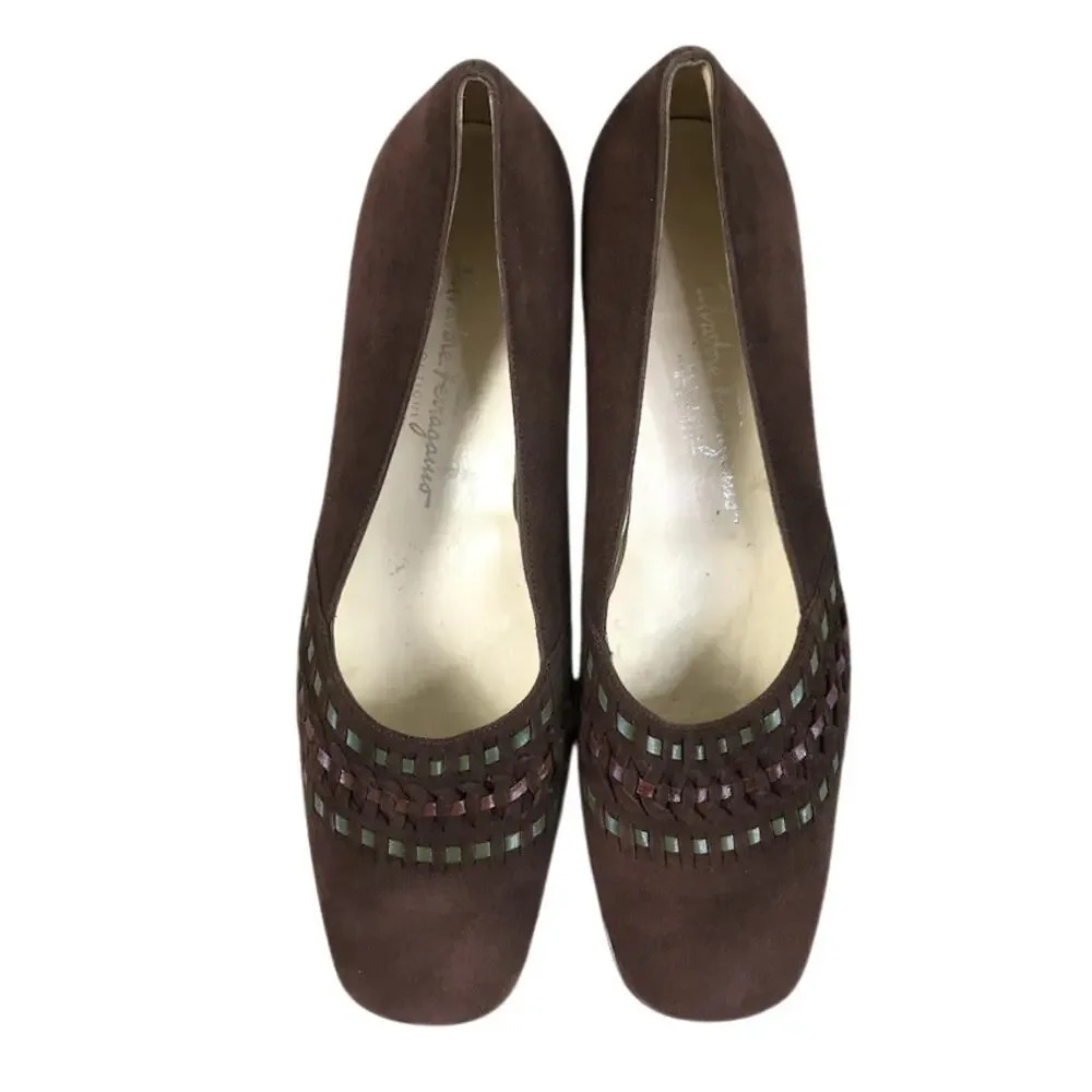 SALVATORE FERRAGAMO Suede Woven Flats Sz 8B Brown Classic Timeless Made In Italy